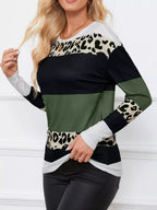 Leopard Color Block Striped Knit Top – Trendy Casual Style