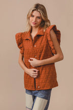 Rust Orange Quilted Vest Coat – Oversized Button-Up for Fall Layers