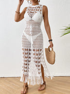 Backless Fringe Hem Round Neck Cover-Up Dress – Chic Beach Style