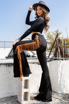 Black Bell Bottom Jeans – Western Chic Style with Side Fringe Detail
