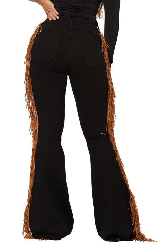 Black Bell Bottom Jeans – Western Chic Style with Side Fringe Detail