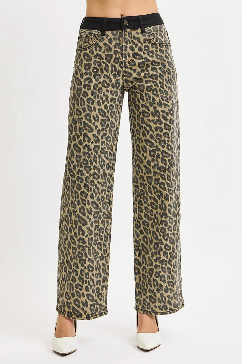 High Rise Wide Leg Leopard Print Jeans | Bold Contrast Waistband