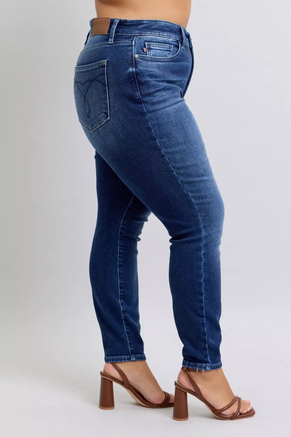 Washed thermal skinny jeans with high waist, dark blue denim, back view