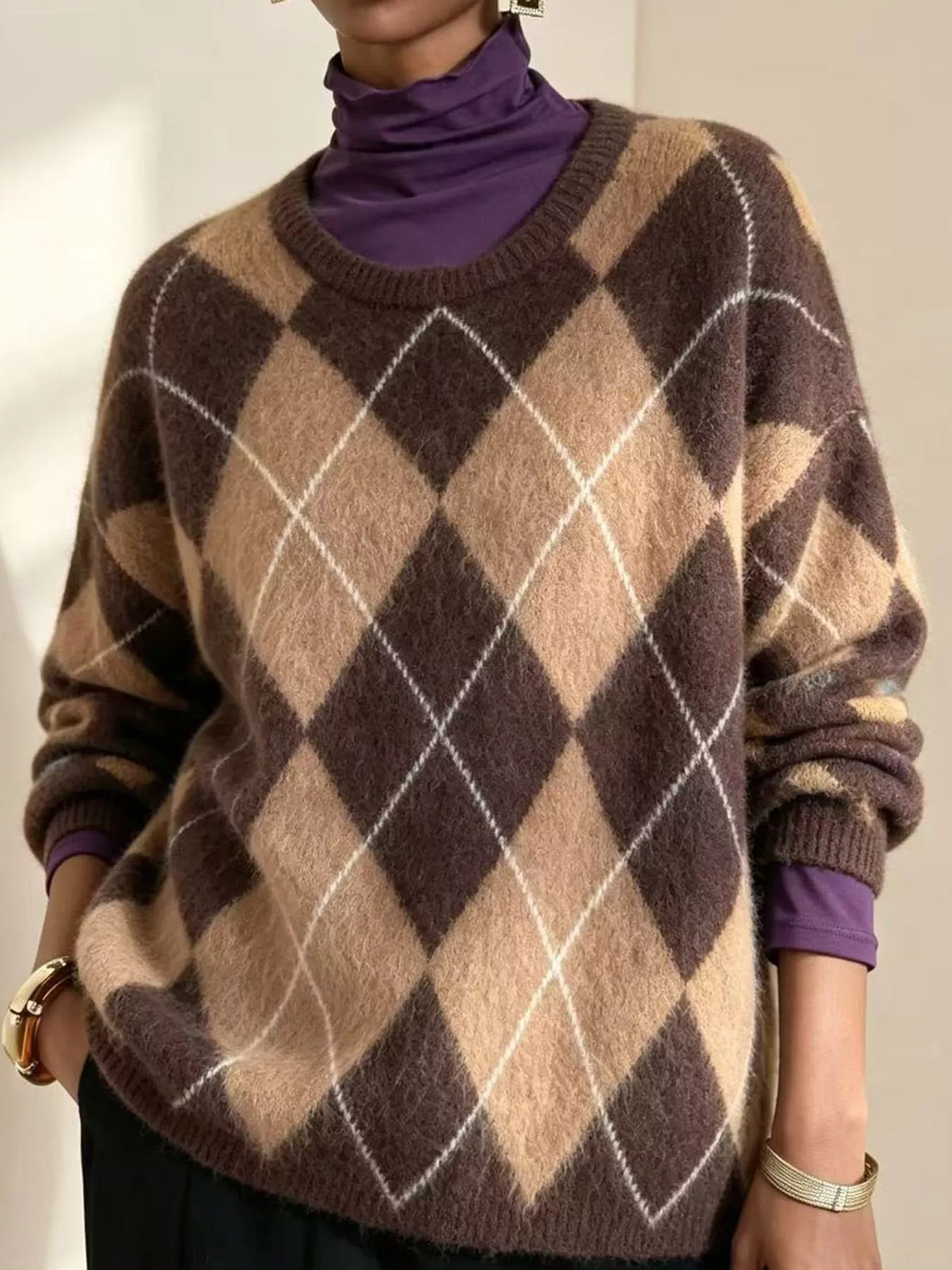 Fuzzy argyle knit sweater, brown and beige diamond pattern with white lines; crew neck.
