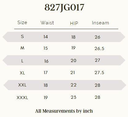 Joggers size chart with waist, hip, and inseam measurements in inches (S–XXXL)