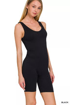 Black seamless sports romper with scoop neck and biker shorts, sleeveless