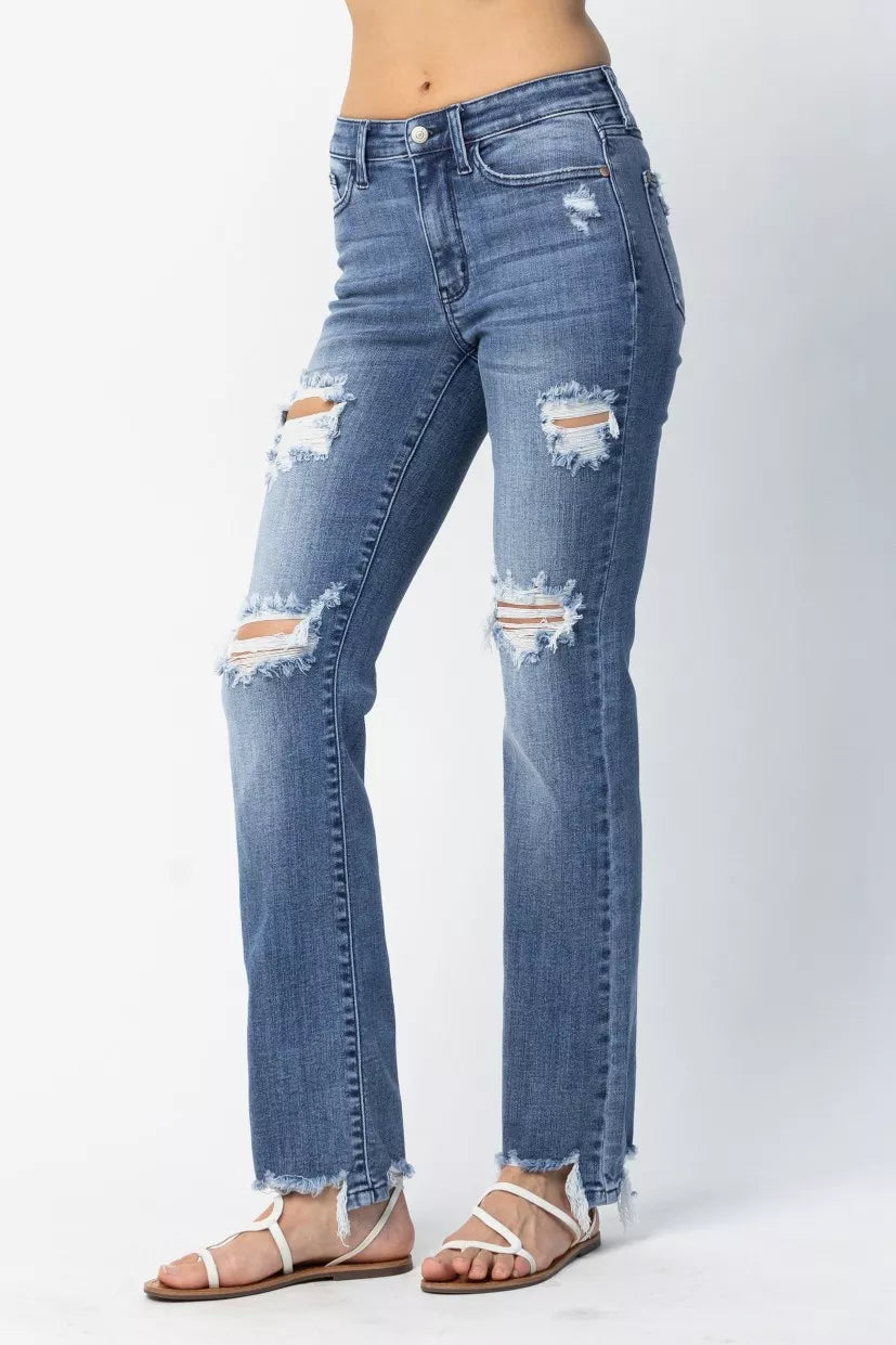 Judy Blue Mid Rise Destroy Straight Jeans – Trendy Distressed Style