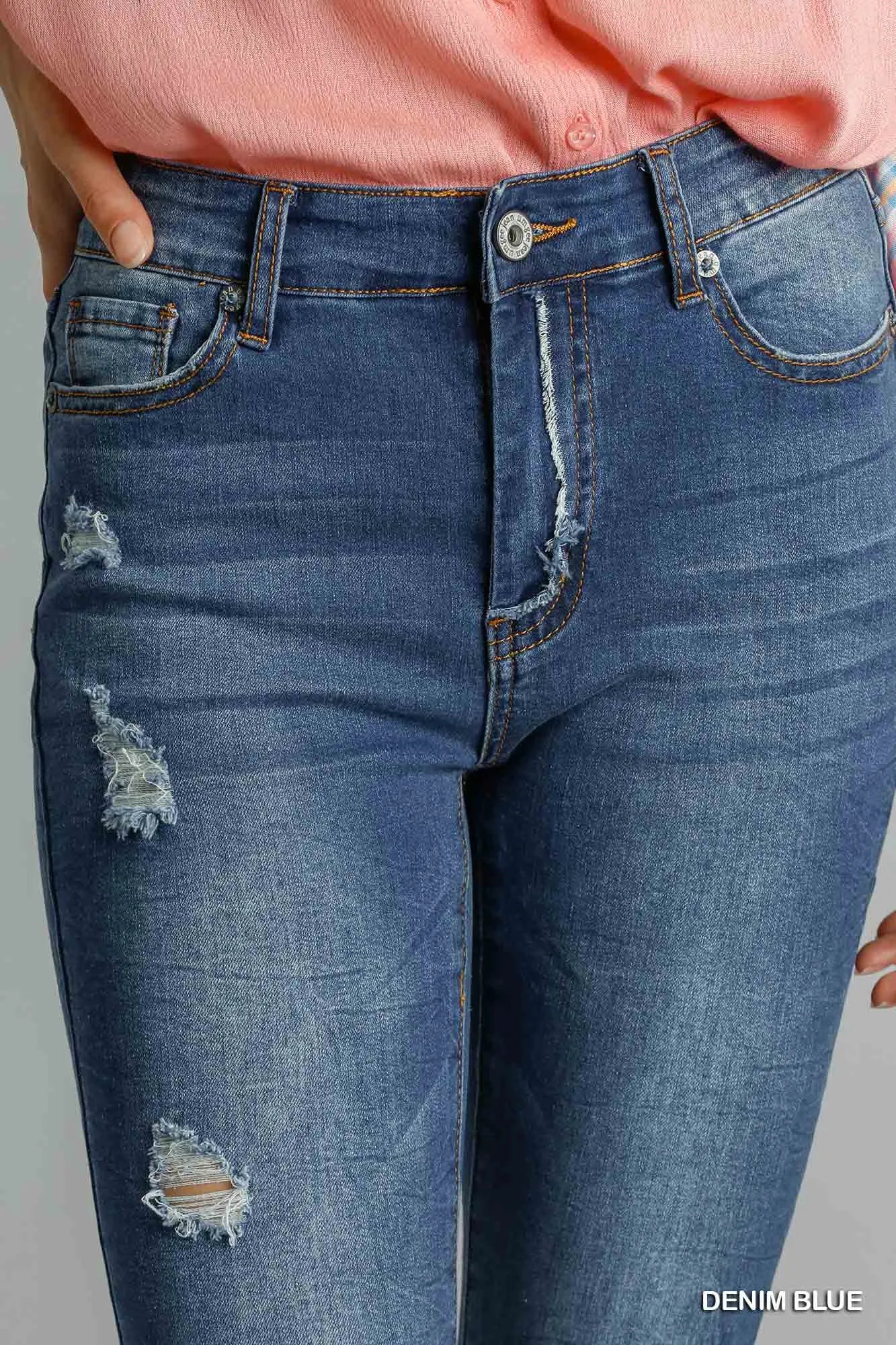 High-Waisted Distressed Skinny Jeans – Medium Blue Stretch Denim