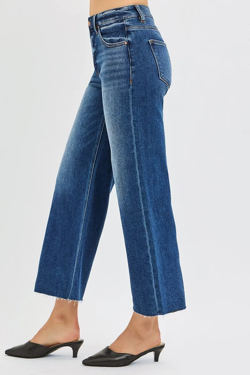 Mid Rise Crop Wide Leg Jeans with Raw Cut Hem | Casual Chic Denim