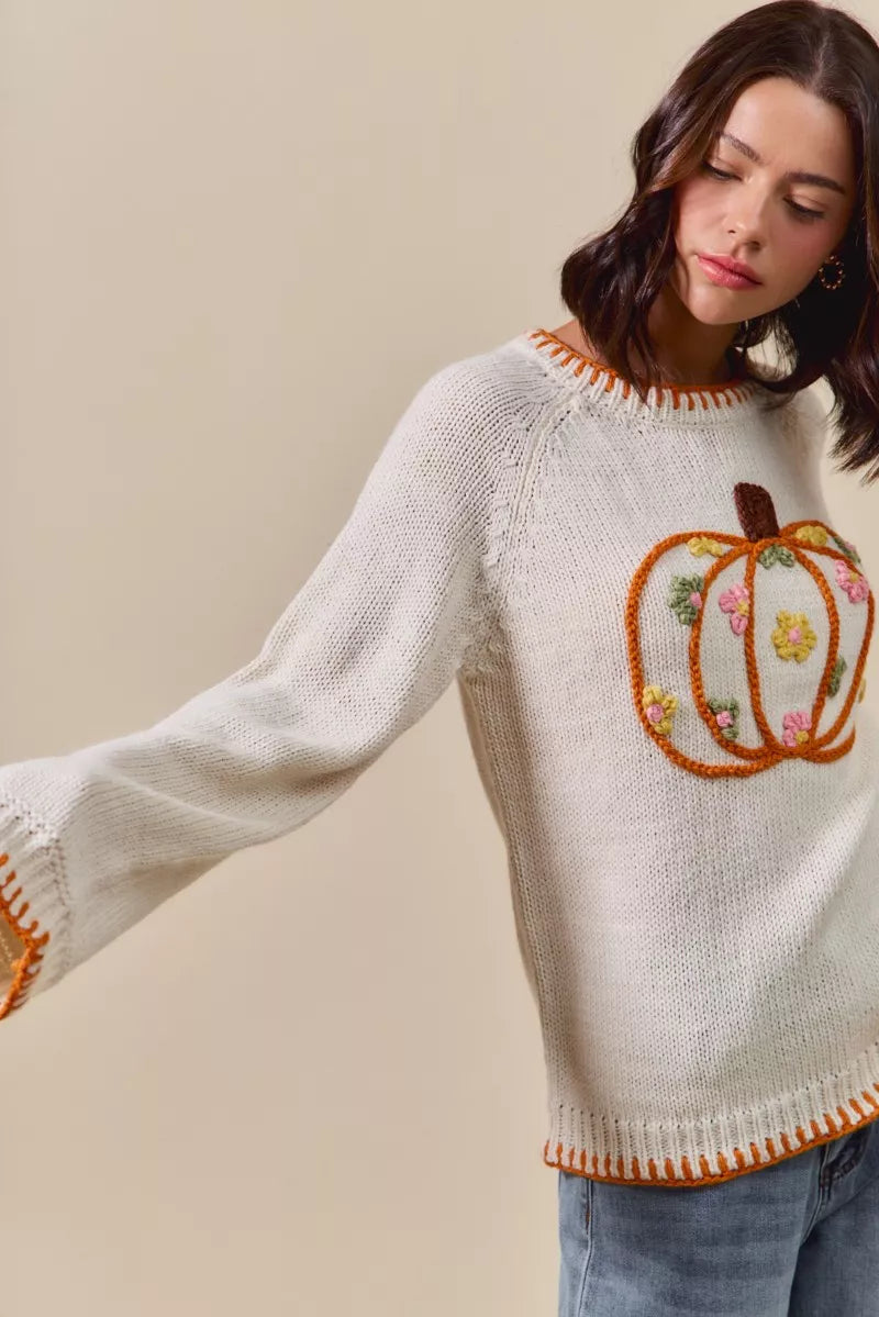 Pumpkin Floral Embroidered Thanksgiving Sweater – Festive Fall Knit