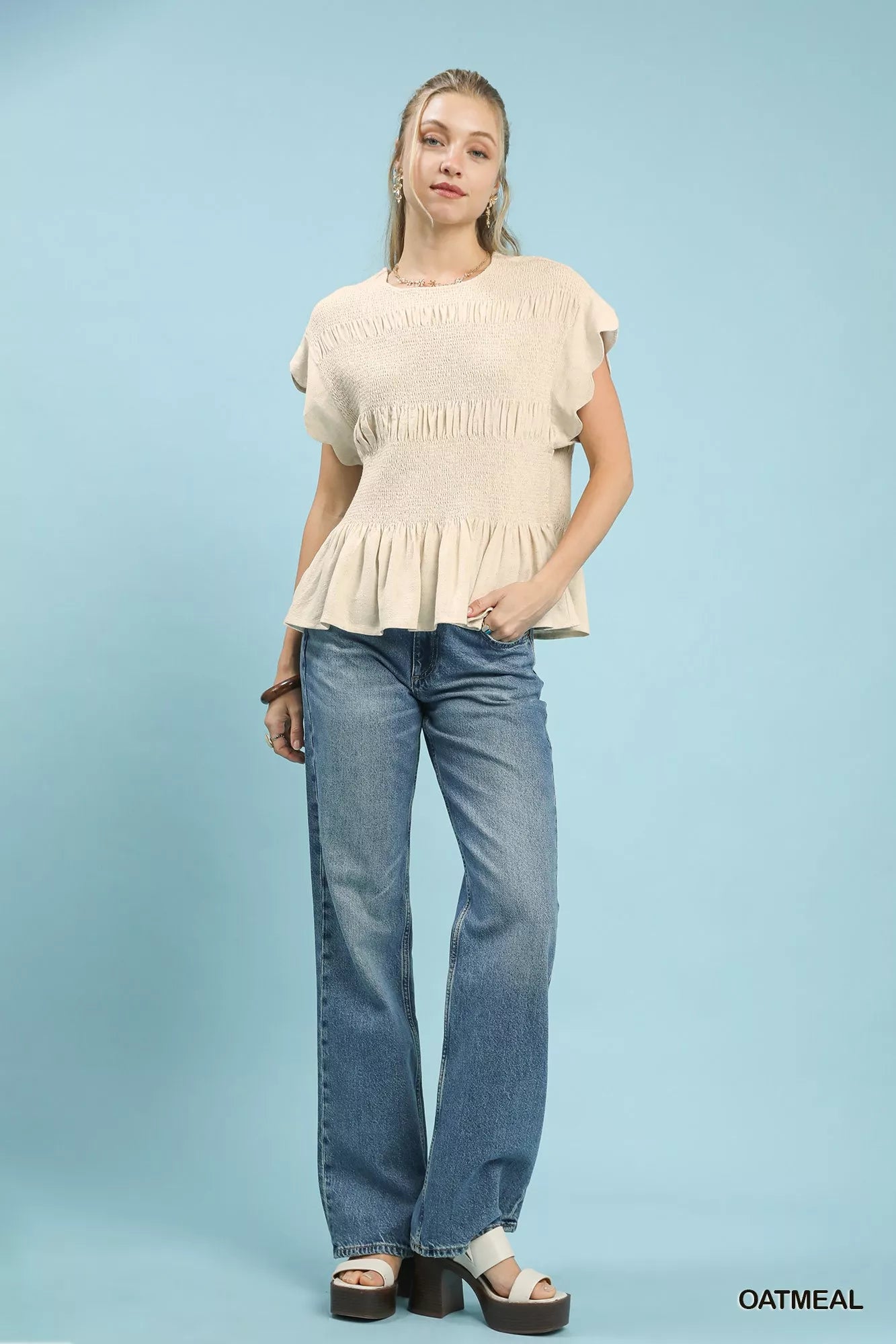 Umgee Linen Blend Smocked Peplum Blouse – Chic & Feminine Style