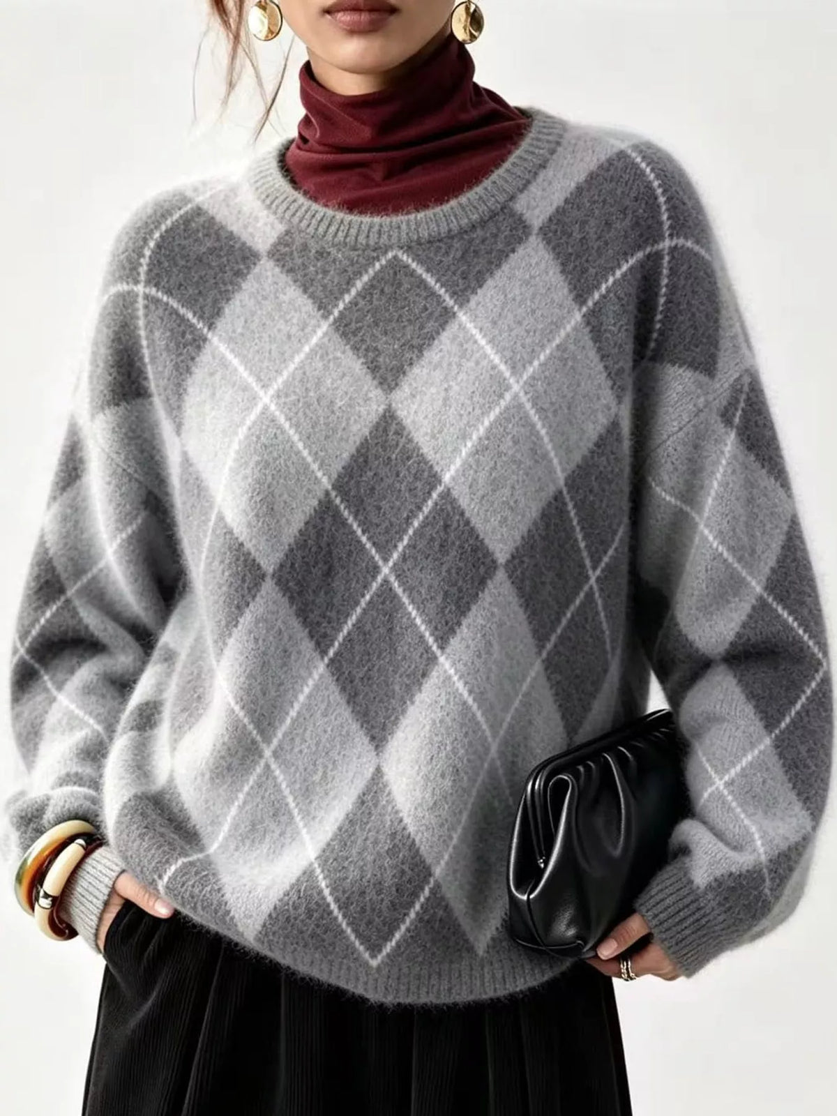 Fuzzy argyle knit sweater in gray with white diamond pattern and ribbed turtleneck collar