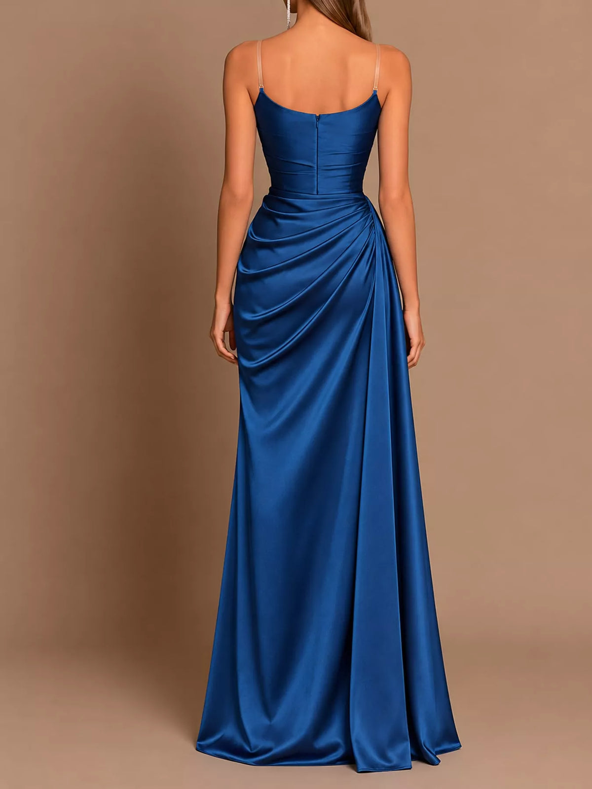 Blue satin cowl-neck maxi dress with ruched back and flowing skirt