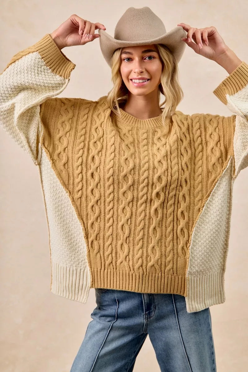 BiBi Cable Knit Hacci Combo Sweater – Stylish Texture with Uneven Hem