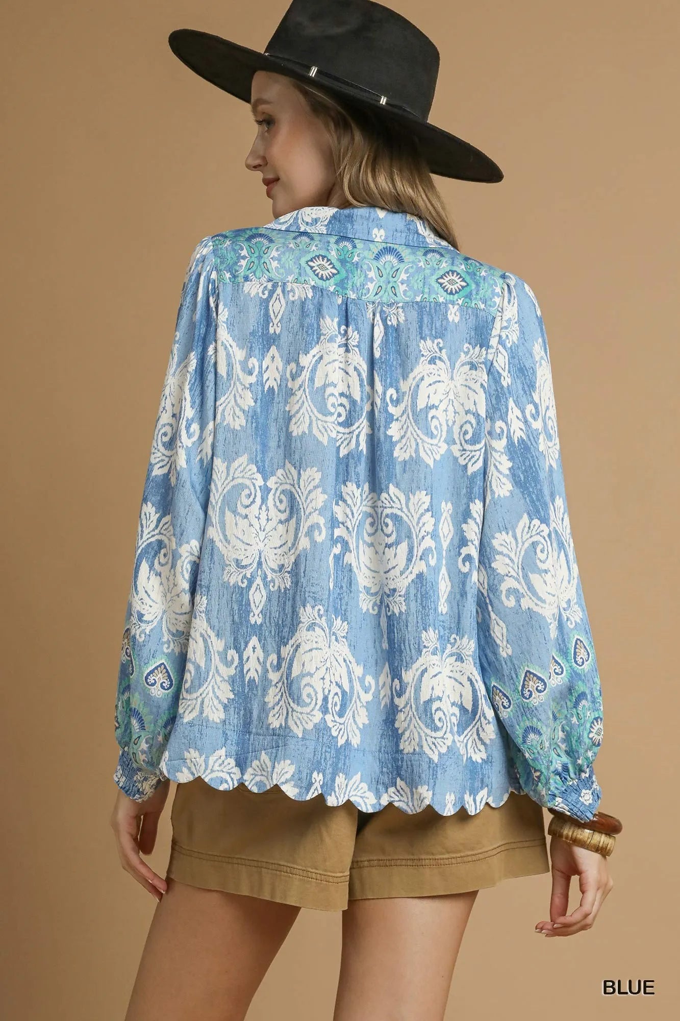 Boho Paisley Floral V-Neck Blouse – Tassel Tie & Balloon Sleeve Top