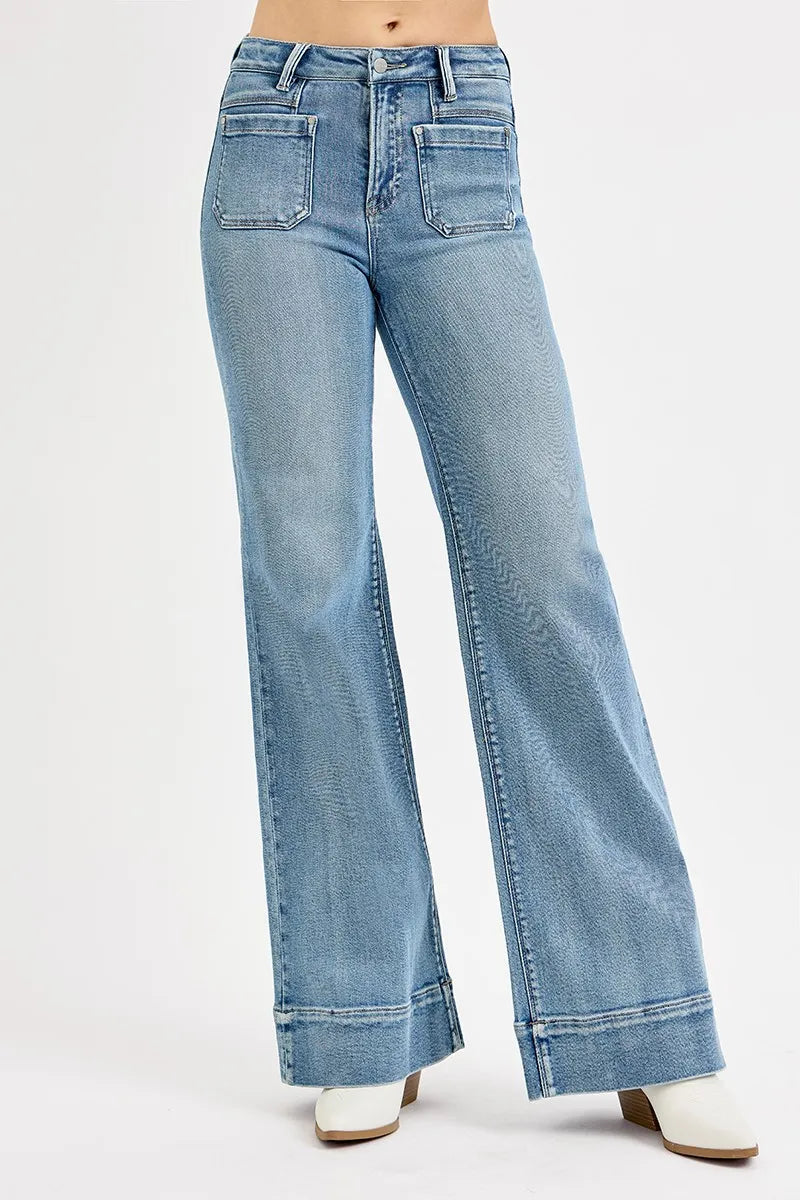 Vintage Flare Jeans – High Waist Patch Pocket Light Wash Denim