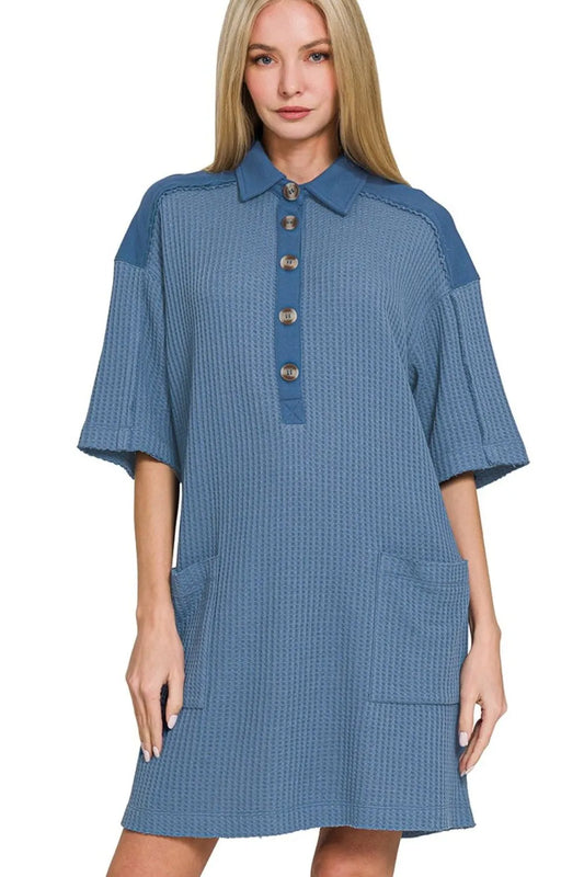 Waffle Knit Half-Button Dress – Cozy, Textured & with Pocket Detail