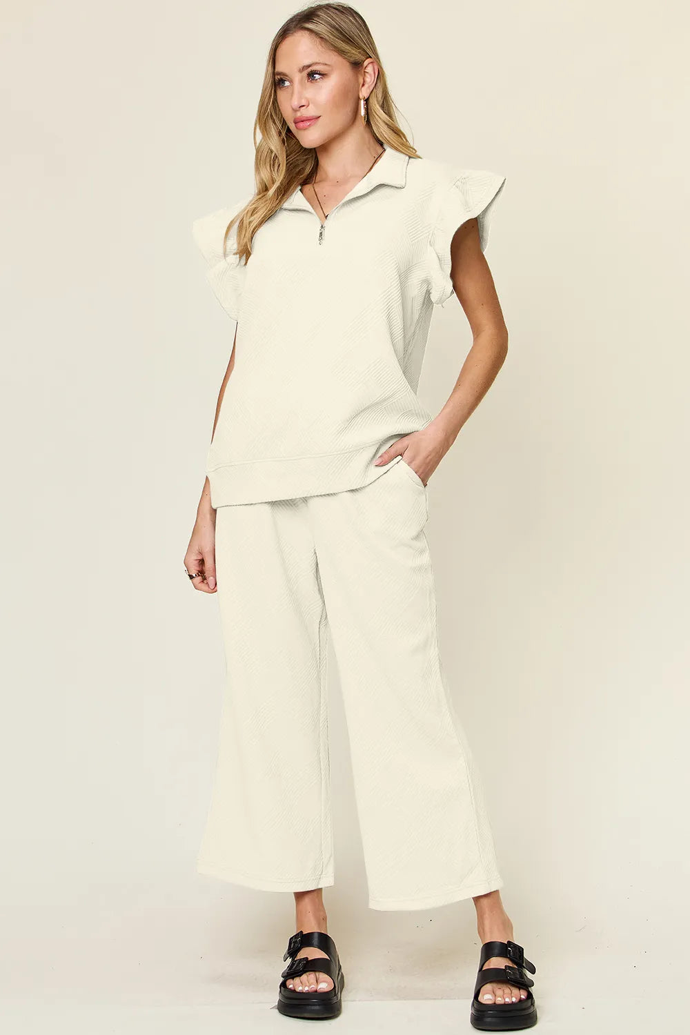 Ruffle Sleeve Top & Wide-Leg Pants Set – Chic, Comfy & Effortless
