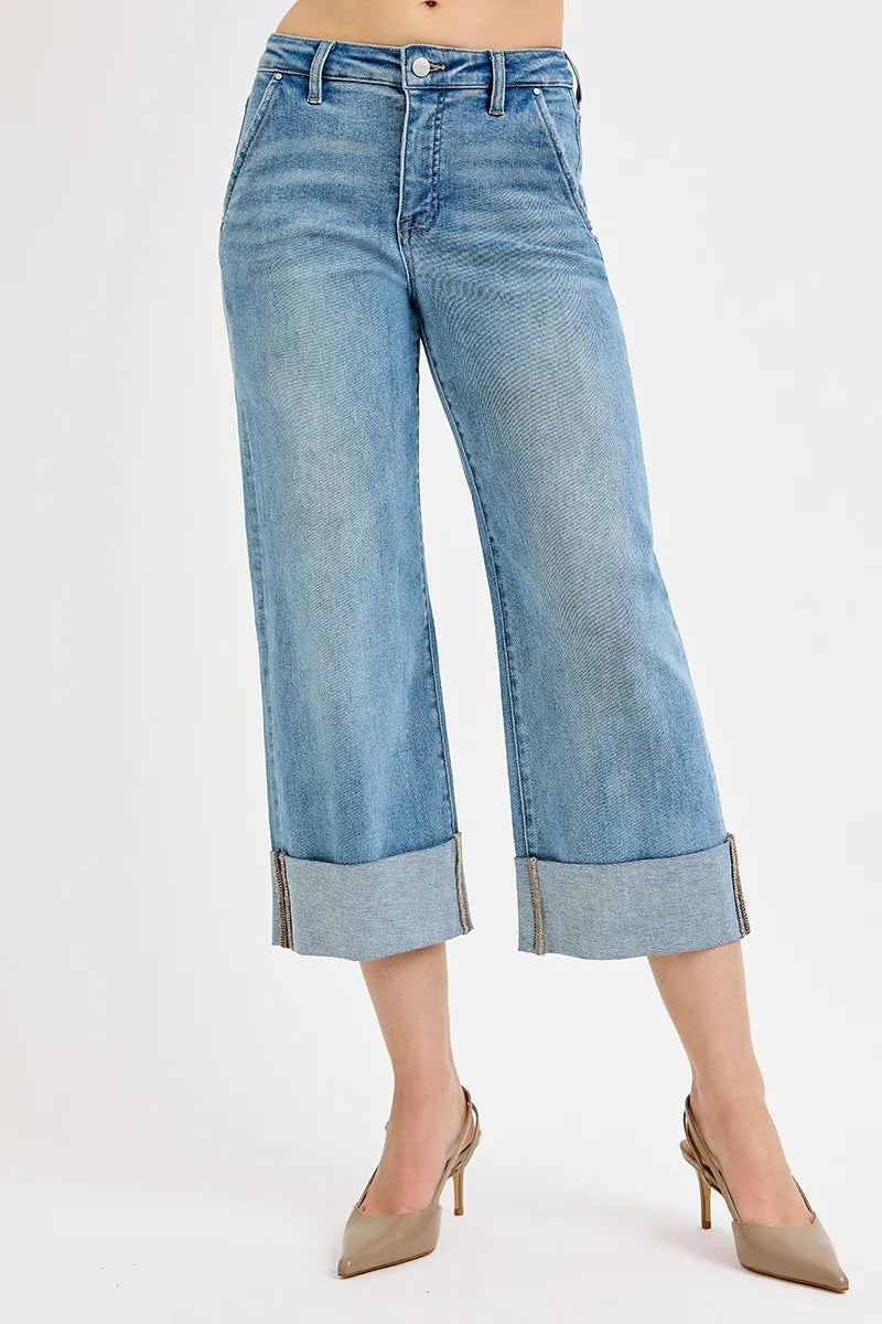 Dreamkue-Risen Women's High Rise Tummy Control Ankle Jeans with Wide Cuffed Hem