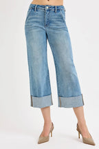 Dreamkue-Risen Women's High Rise Tummy Control Ankle Jeans with Wide Cuffed Hem