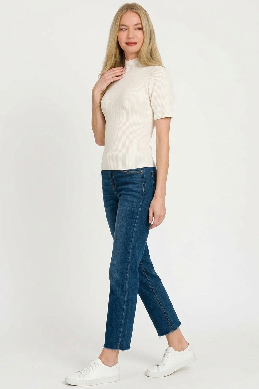 Ivory ribbed mock neck short-sleeve sweater with ribbed knit and straight hemline