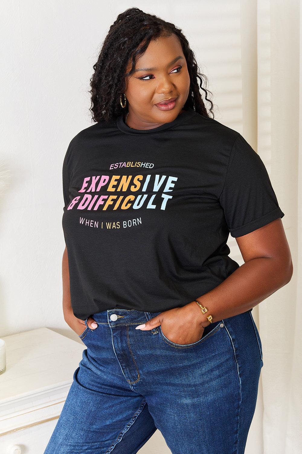 Slogan Graphic Cuffed Sleeve T-Shirt Trendy & Expressive Style
