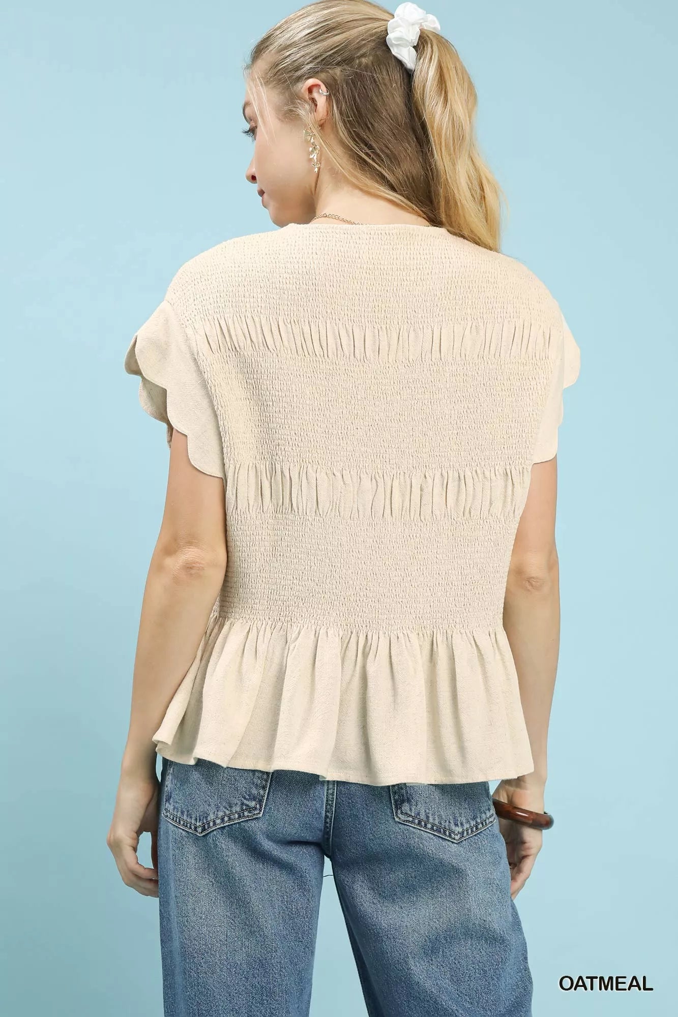 Umgee Linen Blend Smocked Peplum Blouse – Chic & Feminine Style