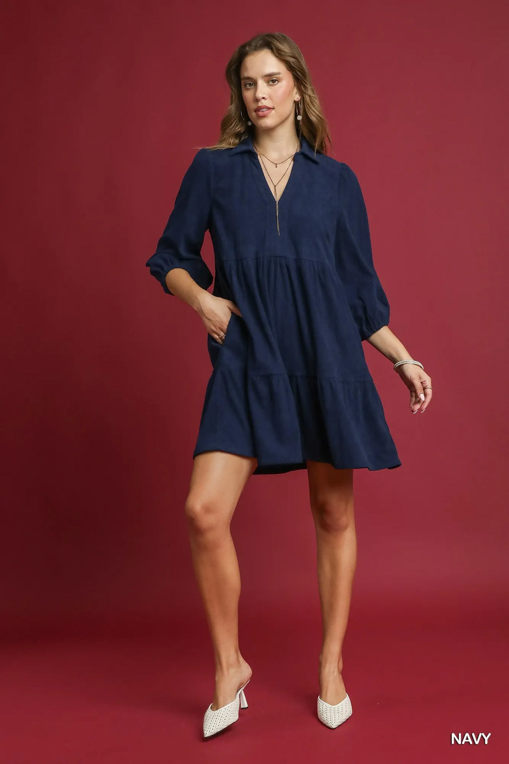 Tiered Corduroy Mini Dress – Balloon Sleeve Vintage-Inspired Style