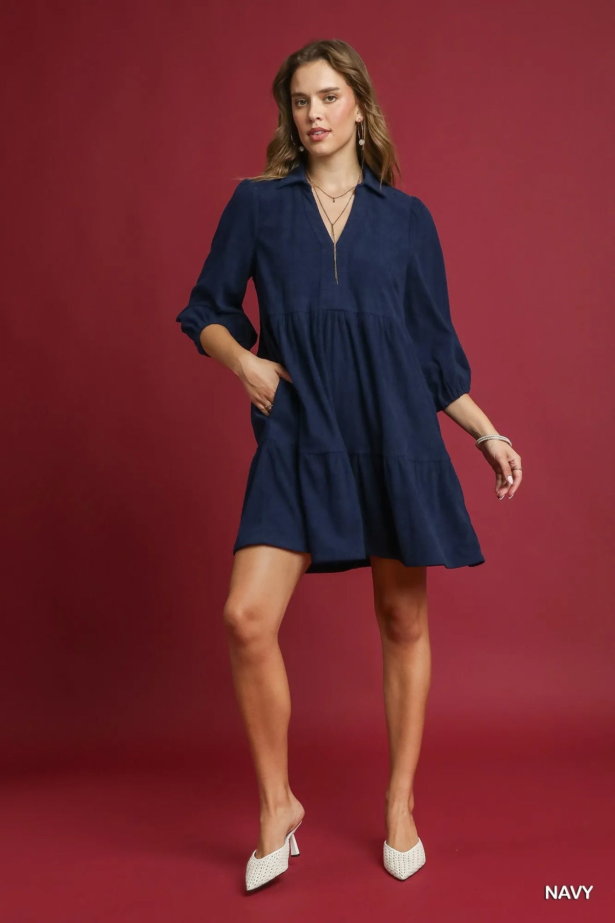 Tiered Corduroy Mini Dress – Balloon Sleeve Vintage-Inspired Style