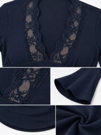 Navy lace-trim V-neck long-sleeve tee detail: lace border and flared cuffs