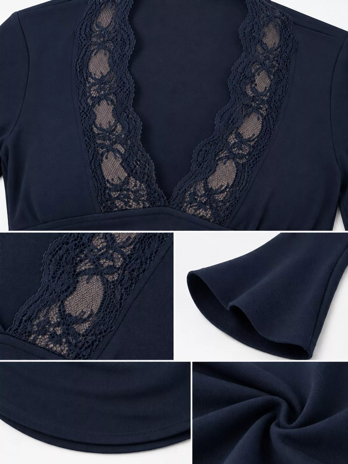 Navy lace-trim V-neck long-sleeve tee detail: lace border and flared cuffs