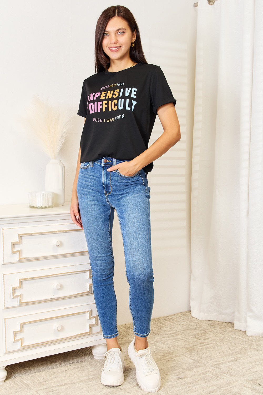 Slogan Graphic Cuffed Sleeve T-Shirt Trendy & Expressive Style