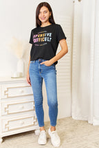 Slogan Graphic Cuffed Sleeve T-Shirt Trendy & Expressive Style