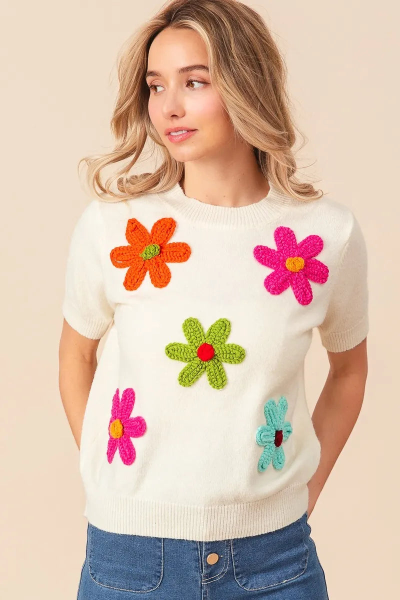 Embroidered Daisy Pullover Sweater – Cheerful, Soft & Feminine