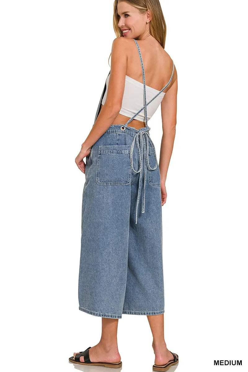 Medium Washed Wide Leg Denim Overalls | Women’s Retro Casual Jeans