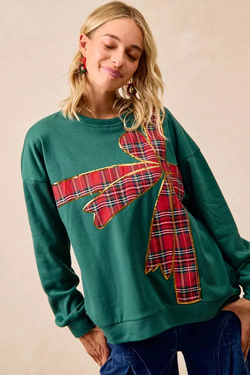 BiBi Plaid Ribbon Bow Christmas Fleece Pullover – Festive Cozy Holiday Top