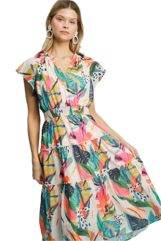 Umgee Leaf Print Cap Sleeve Tiered Midi Dress