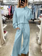 Puff Sleeve Crop Top & Drawstring Wide Leg Pants Set – Chic & Comfy