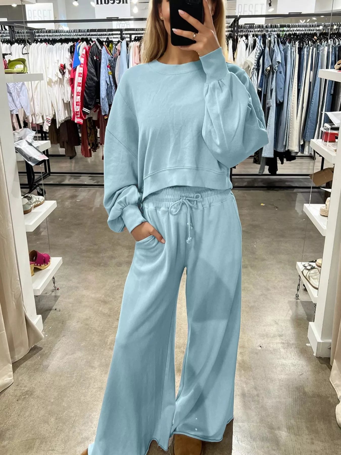 Puff Sleeve Crop Top & Drawstring Wide Leg Pants Set – Chic & Comfy