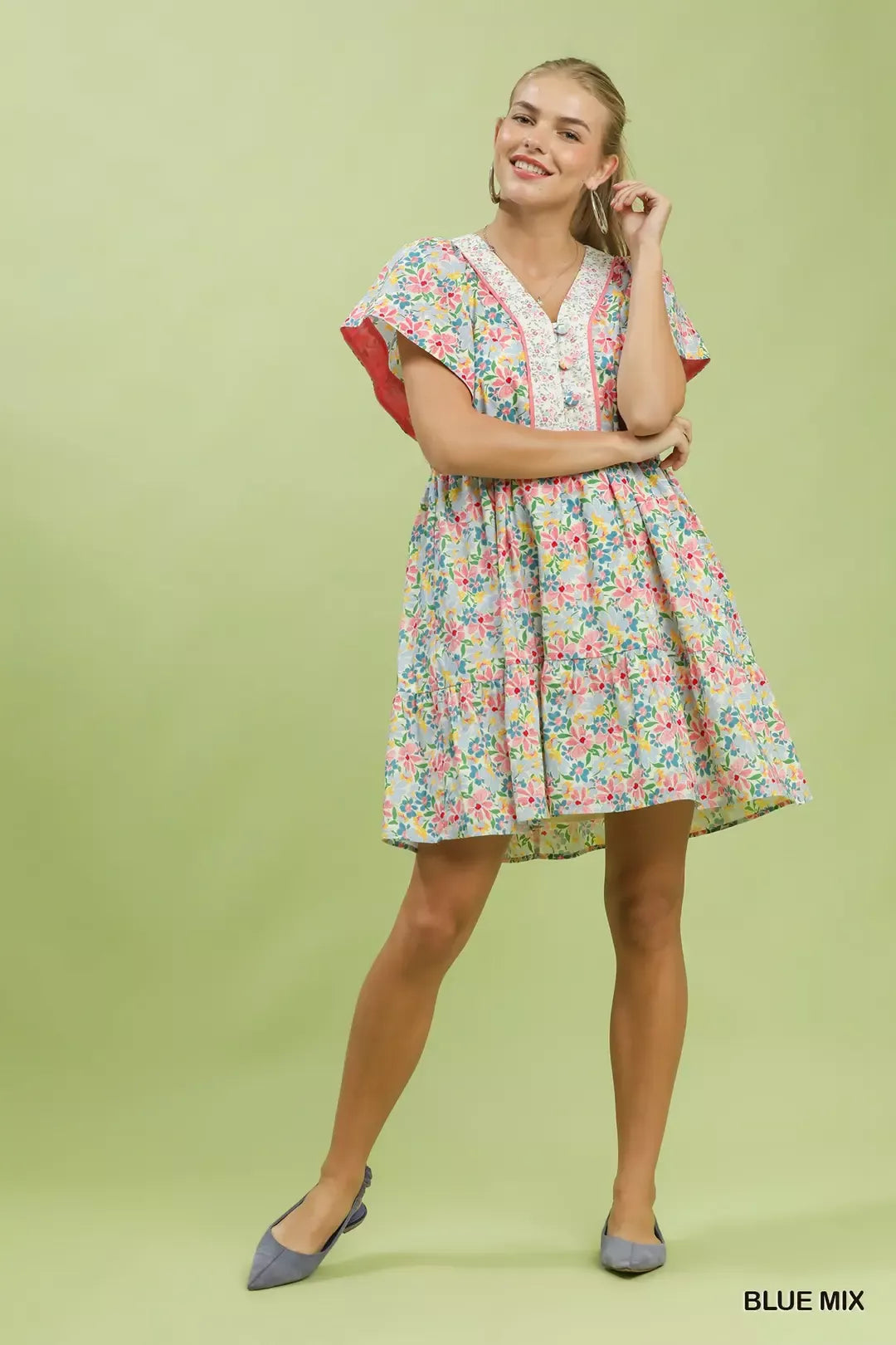 Floral blue mix mini dress with V-neck, tiered ruffle skirt, short flutter sleeves