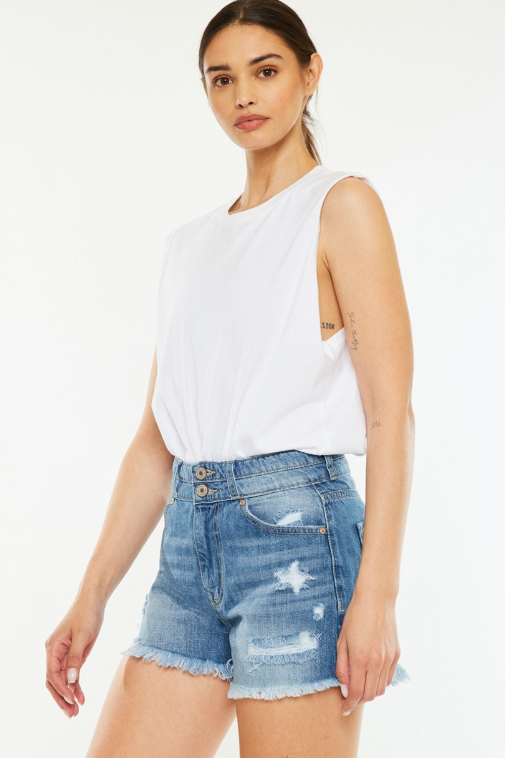 Kan Can High Rise Raw Hem Denim Shorts
