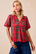BiBi Christmas Plaid Ruffled Blouse – Festive Short Sleeve Holiday Top