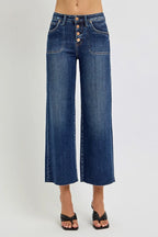 High-Waisted Wide-Leg Cropped Jeans – Button-Fly Medium Wash