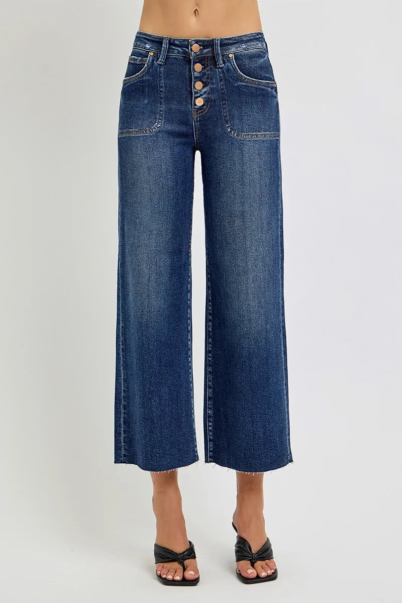 High-Waisted Wide-Leg Cropped Jeans – Button-Fly Medium Wash