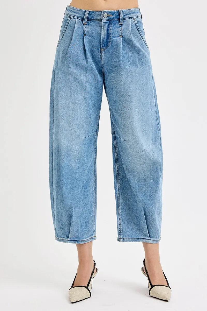 Mid Waist Wide Leg Pleated Jeans – Light Blue Vintage Crop Denim
