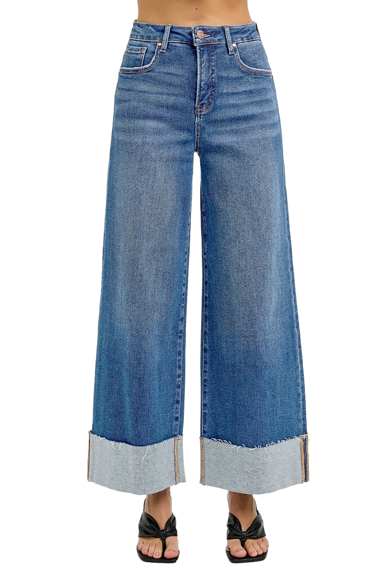 Tummy Control High Rise Crop Wide Cuffed Jeans | Slimming Trendy Fit