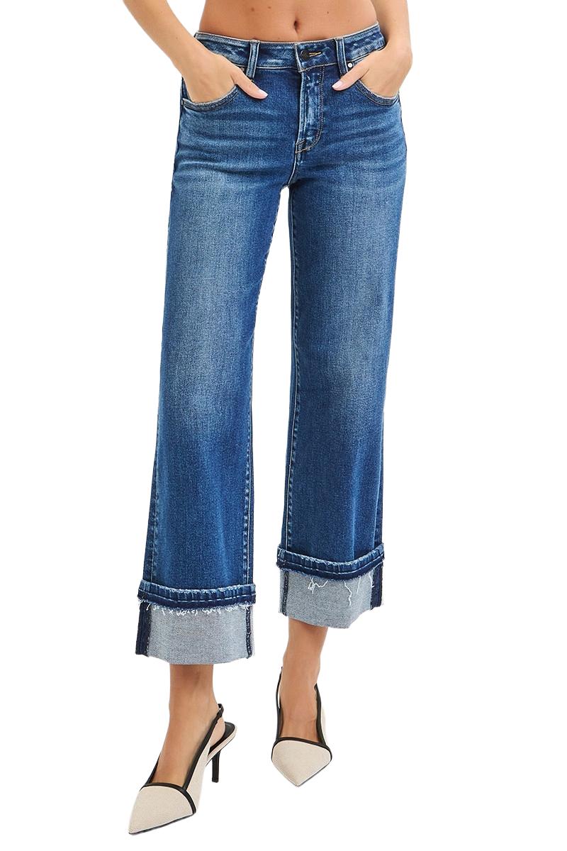 Risen Women's Ankle Straight Jeans with Cuffed Hem Casual Stretch Denim