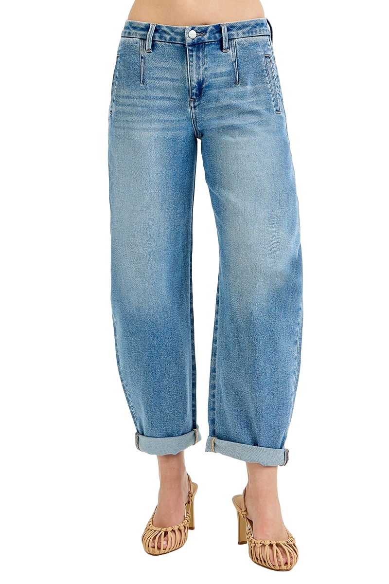 Dreamkue-Risen Women's Mid Rise Barrel Jeans Rolled Cuff Cropped Fit,Stretch Denim