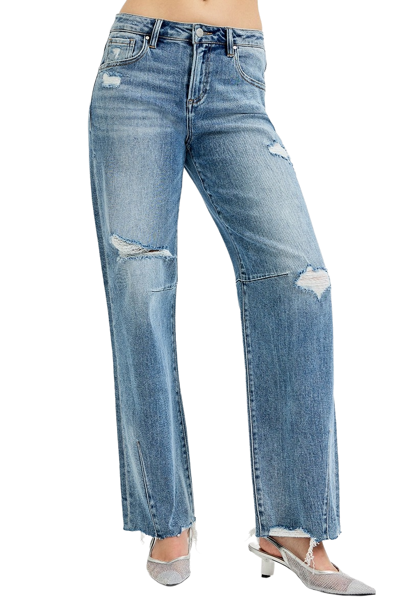 Dreamkue-Risen Women's Mid Rise Wide Baggy Leg Jeans Tie Washed Fit Denim
