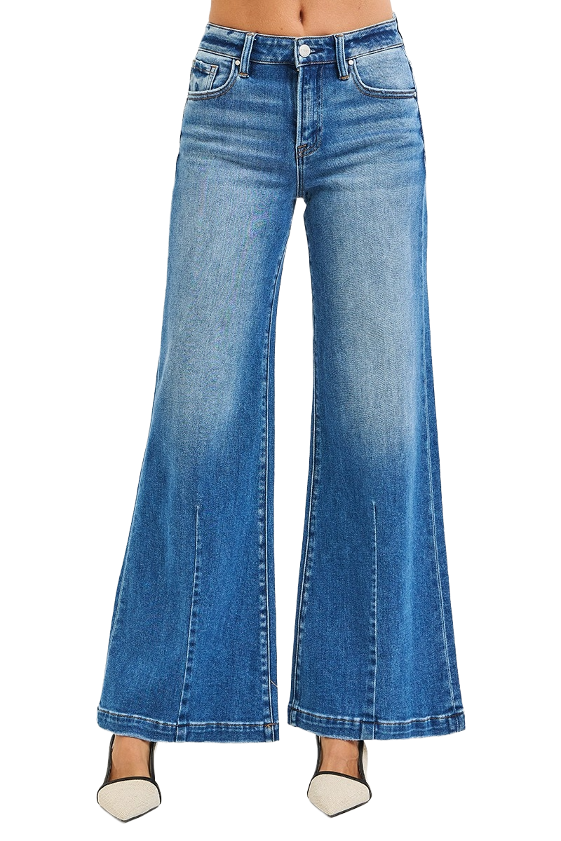 Dreamkue-Risen Women's Mid Rise Wide Leg Flared Jeans Plus Size Stretch Denim Pants